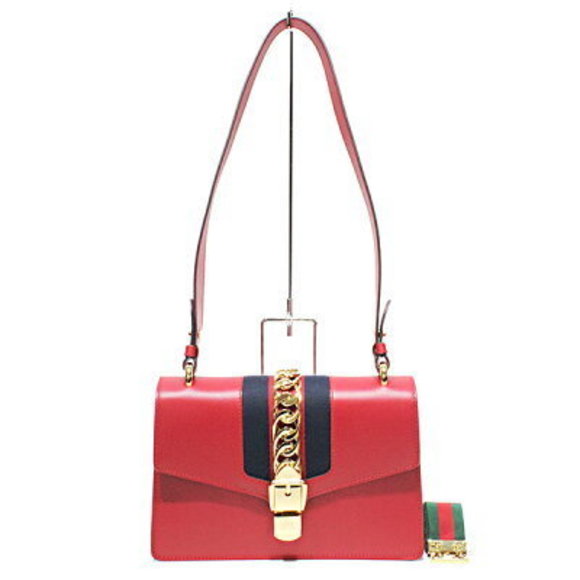 Gucci Sylvie Shoulder Bag Red Leather Web Stripe Sherry 2way - Picture 1 of 4